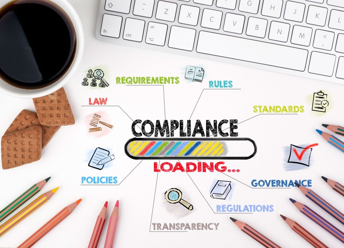 compliance , Business concept. Chart with keywords and icons. White office desk